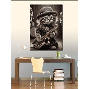Kanvas Tablo Saksafonlu Kedi