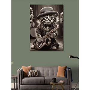 Kanvas Tablo Saksafonlu Kedi