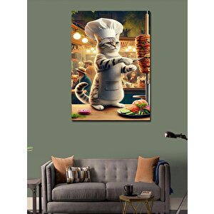 Kanvas Tablo Döner Kesici Kedi Şef 100x140 cm