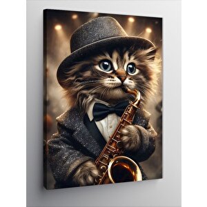 Kanvas Tablo Saksafon Çalan Kedi