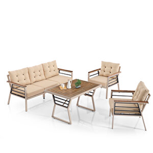 Lara Metal Puflu Bahçe Balkon Takımı 3+1+1+ahşap Masa Cappuccino