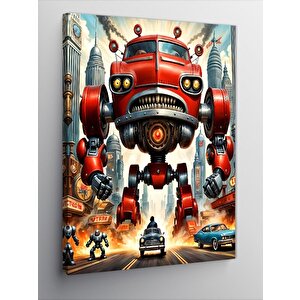 Kanvas Tablo Kırmızı Dev Robot Ve Arabalar 100x140 cm