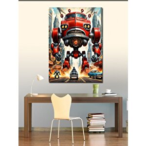 Kanvas Tablo Kırmızı Dev Robot Ve Arabalar 100x140 cm