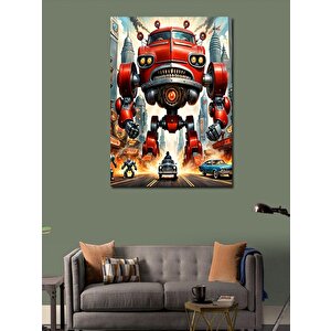 Kanvas Tablo Kırmızı Dev Robot Ve Arabalar 70x100 cm