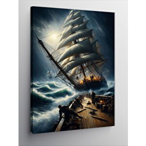 Kanvas Tablo Fırtınalı Deniz Ve Yelkenli 100x140 cm