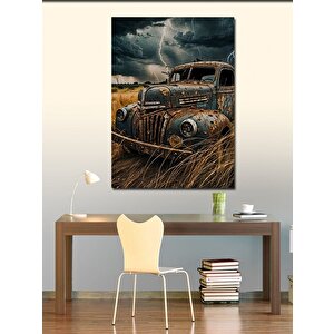 Kanvas Tablo Fırtına Ve Tarladaki Retro Araba 100x140 cm