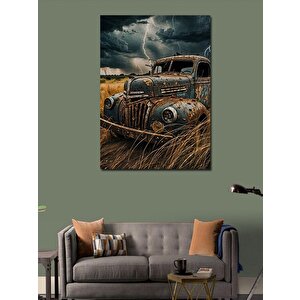 Kanvas Tablo Fırtına Ve Tarladaki Retro Araba 100x140 cm