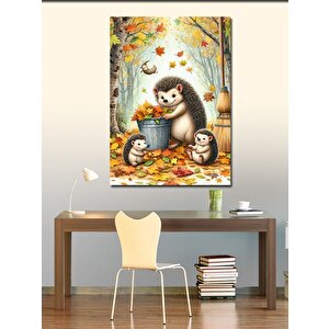 Kanvas Tablo Kuru Yapraklar Ve Kirpi Ailesi 100x140 cm
