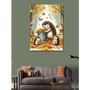 Kanvas Tablo Kuru Yapraklar Ve Kirpi Ailesi 70x100 cm