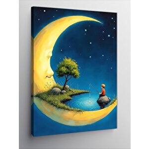 Kanvas Tablo Ay Ve Balık Tutan Çocuk 50x70 cm