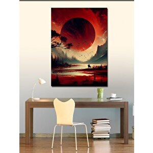 Kanvas Tablo Kırmızı Gökyüzü Manzarası Ve Ay 100x140 cm