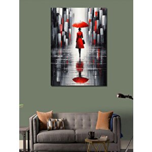 Kanvas Tablo Yağmurlu Şehirde Kırmızı Şemsiye 100x140 cm