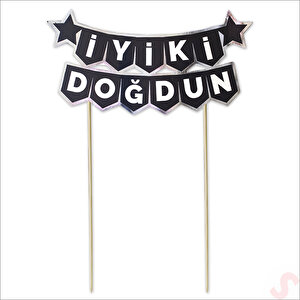 İyi Ki Doğdun Banner Pasta Süsü, Siyah Gümüş - 22cm X 18cm