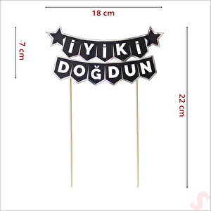 İyi Ki Doğdun Banner Pasta Süsü, Siyah Gümüş - 22cm X 18cm
