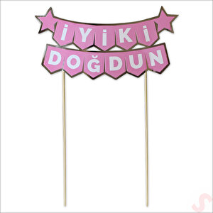 İyi Ki Doğdun Banner Pasta Süsü, Pembe Gümüş - 22cm X 18cm