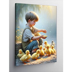 Kanvas Tablo Civcivleri Besleyen Çocuk 70x100 cm