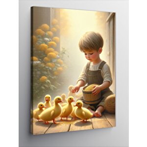 Kanvas Tablo Civcivleri Besleyen Çocuk 100x140 cm