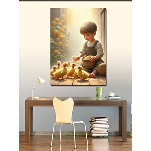 Kanvas Tablo Civcivleri Besleyen Çocuk 100x140 cm