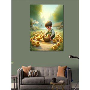Kanvas Tablo Civcivlere Yem Veren Çocuk 50x70 cm