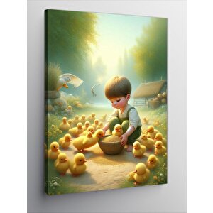 Kanvas Tablo Civcivlere Yem Veren Çocuk 100x140 cm