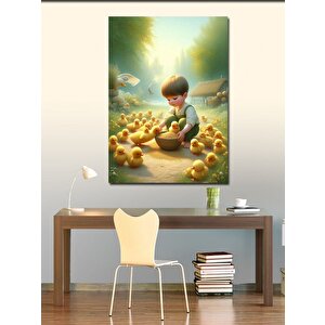 Kanvas Tablo Civcivlere Yem Veren Çocuk 100x140 cm