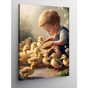 Kanvas Tablo Civcivlere Yem Veren Çocuk 50x70 cm