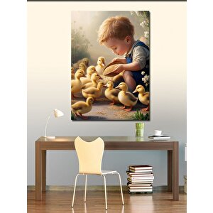 Kanvas Tablo Civcivlere Yem Veren Çocuk 70x100 cm