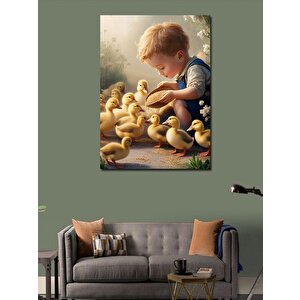 Kanvas Tablo Civcivlere Yem Veren Çocuk 70x100 cm