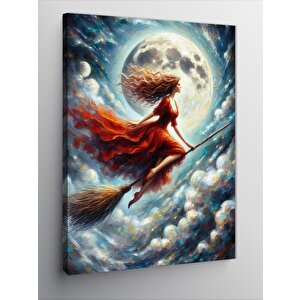 Kanvas Tablo Cadı Süpürgesinde Kırmızı Elbiseli Kadın 50x70 cm
