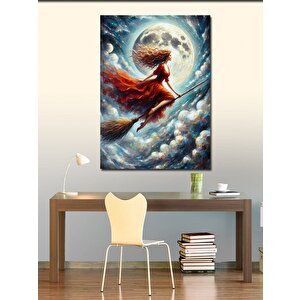Kanvas Tablo Cadı Süpürgesinde Kırmızı Elbiseli Kadın 50x70 cm