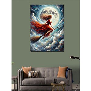 Kanvas Tablo Cadı Süpürgesinde Kırmızı Elbiseli Kadın 50x70 cm
