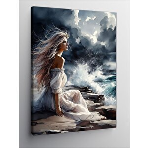 Kanvas Tablo Beyaz Elbiseli Kadın Ve Bulutlar 70x100 cm