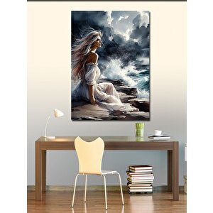 Kanvas Tablo Beyaz Elbiseli Kadın Ve Bulutlar 50x70 cm
