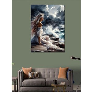 Kanvas Tablo Beyaz Elbiseli Kadın Ve Bulutlar 50x70 cm