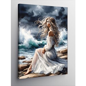 Kanvas Tablo Sahilde Beyaz Elbiseli Kadın 100x140 cm