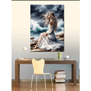 Kanvas Tablo Sahilde Beyaz Elbiseli Kadın 100x140 cm