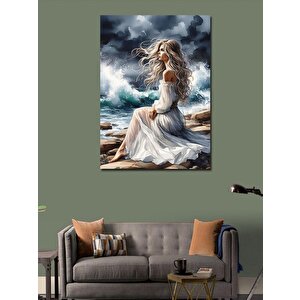 Kanvas Tablo Sahilde Beyaz Elbiseli Kadın 100x140 cm