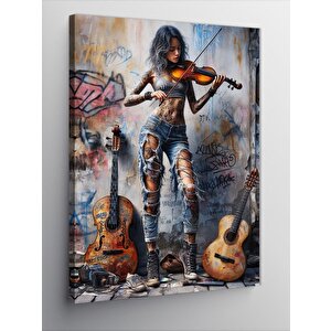 Kanvas Tablo Keman Çalan Dövmeli Kadın 100x140 cm