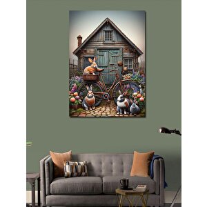 Kanvas Tablo Retro Bisiklet Ve Tavşanlar 100x140 cm
