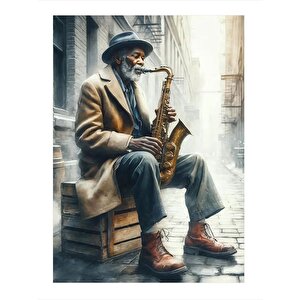 Saksafon Çalan Yaşlı Adam Modern Ahşap Tablo 35cm X50cm 35x50 cm