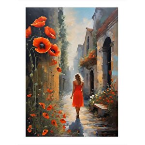 İnde Kırmızı Elbiseli Kadın Model Ahşap Tablo 35cm X50cm 35x50 cm