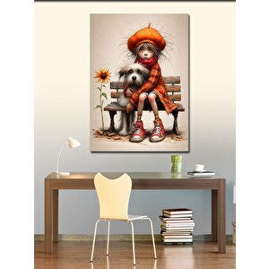 Kanvas Tablo Kırmızı Elbiseli Kız Ve Köpeği 100x140 cm