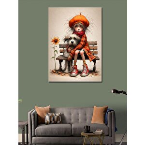 Kanvas Tablo Kırmızı Elbiseli Kız Ve Köpeği 100x140 cm