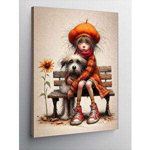 Kanvas Tablo Kırmızı Elbiseli Kız Ve Köpeği 50x70 cm