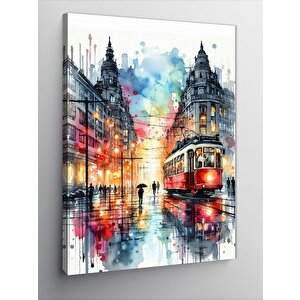 Kanvas Tablo Kırmızı Tramvay Ve İnsanlar