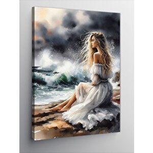 Kanvas Tablo Beyaz Elbiseli Kadın Ve Sahil 70x100 cm