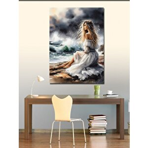 Kanvas Tablo Beyaz Elbiseli Kadın Ve Sahil 50x70 cm