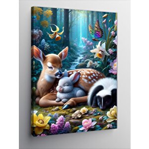 Kanvas Tablo Uyuyan Yavru Hayvanlar Ve Orman 100x140 cm