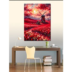 Kanvas Tablo Yel Değirmeni Ve Kırmızı Lale 100x140 cm