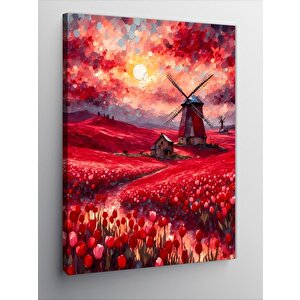 Kanvas Tablo Yel Değirmeni Ve Kırmızı Lale 70x100 cm